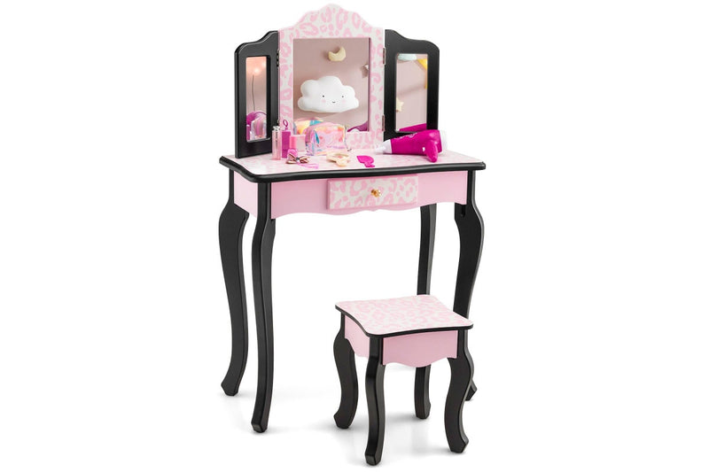 Costway Bedroom Dresser Vanity Table Stool Set w/ Tri-Folding Mirror Bedroom Furniture Pink