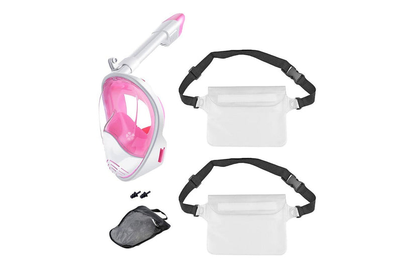 Full Face Snorkel Mask with Camera Mount Anti-Leak Swimming Diving Mask with Waterproof Pouch Bags Pink