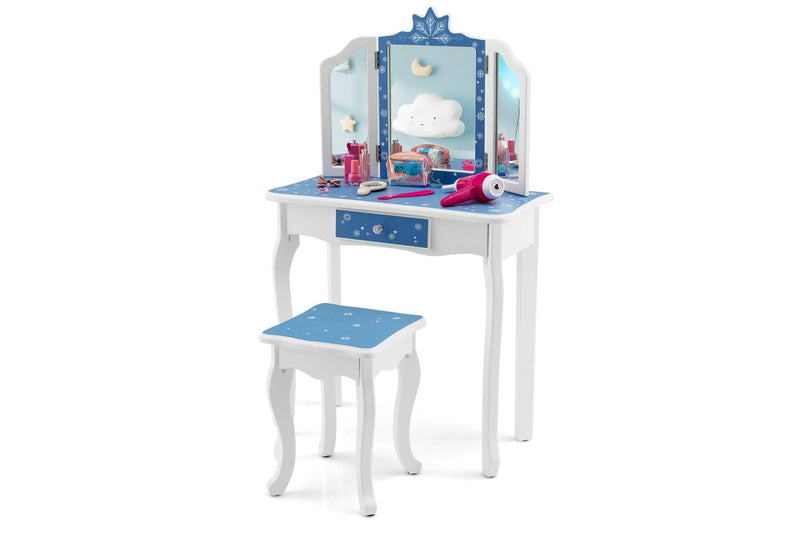 Costway Dressing Table Vanity Table & Stool Set Princess ren Gift Furniture Blue