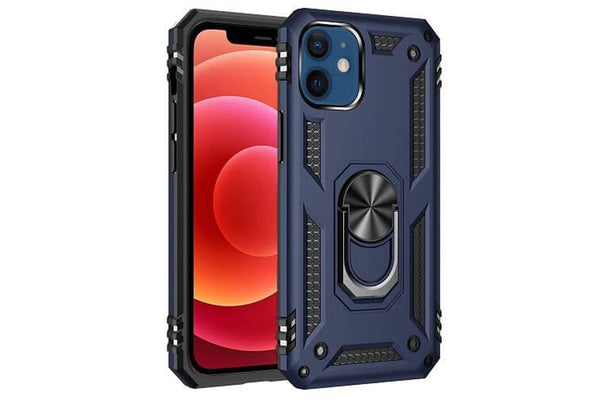 For Apple iPhone 12 Mini Case, Military Grade 360 Degree Rotating Metal Magnetic Ring Car Mount Holder Kickstand Shockproof Heavy Duty Cover (Navy Blue)
