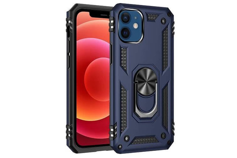 For Apple iPhone 12 Mini Case, Military Grade 360 Degree Rotating Metal Magnetic Ring Car Mount Holder Kickstand Shockproof Heavy Duty Cover (Navy Blue)