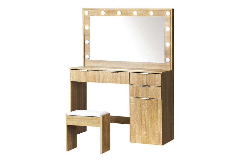 Oikiture Dressing Table Stool Set 12 LED Bulbs(Oak)