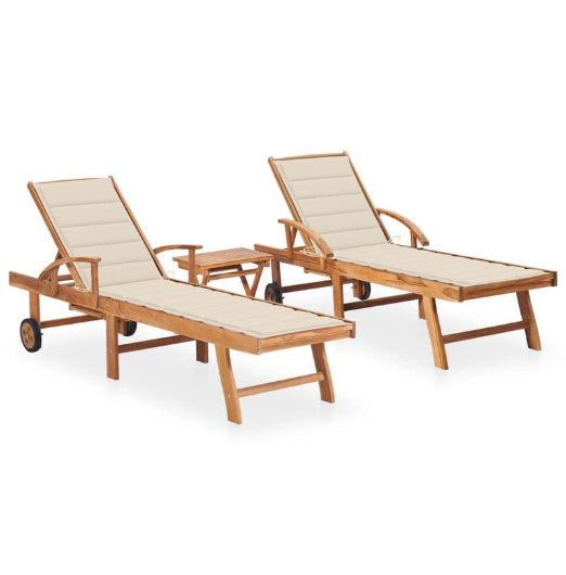 Sun Loungers 2 pcs with Table and Cushion Solid Teak Wood vidaXL