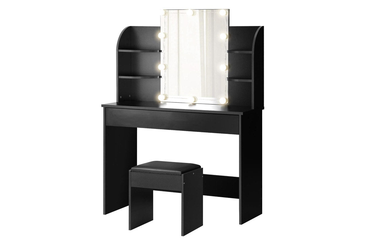 Oikiture Dressing Table Stool Mirror 10 LED Bulbs(Black)
