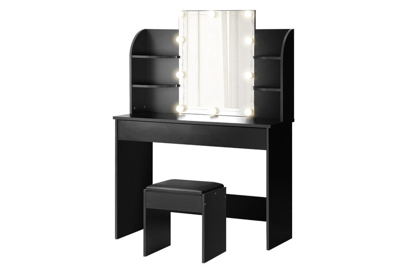 Oikiture Dressing Table Stool Mirror 10 LED Bulbs(Black)