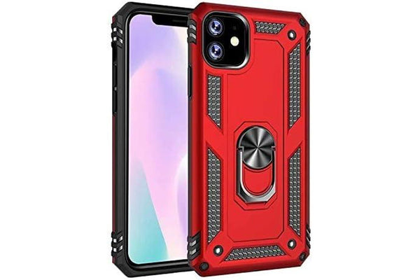 For Apple iPhone 11 Case, Military Grade 360 Degree Rotating Metal Magnetic Ring Car Mount Holder Kickstand Shockproof Heavy Duty Cover (Red)