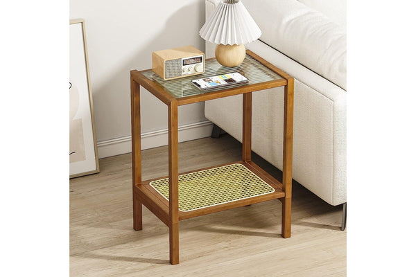 Boho Rattan Side Table with Storage for Small Spaces - Bedroom & Living Room