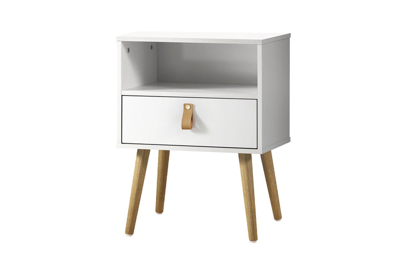Oikiture Bedside Table Drawer Side Table w/ Leather Handle White
