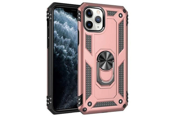 For Apple iPhone 11 Pro Case, Military Grade 360 Degree Rotating Metal Magnetic Ring Car Mount Holder Kickstand Shockproof Heavy Duty Cover (Rose Gold)