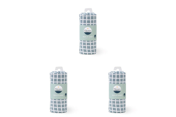 3x Little Haven Muslin Wrap Blue Grid Cozy Comfort Style Baby Blanket 100cm