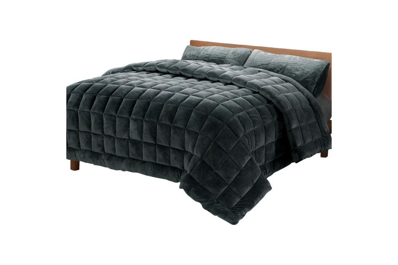 Super King Bedding Faux Mink Quilt Comforter Fleece Throw Blanket Charcoal