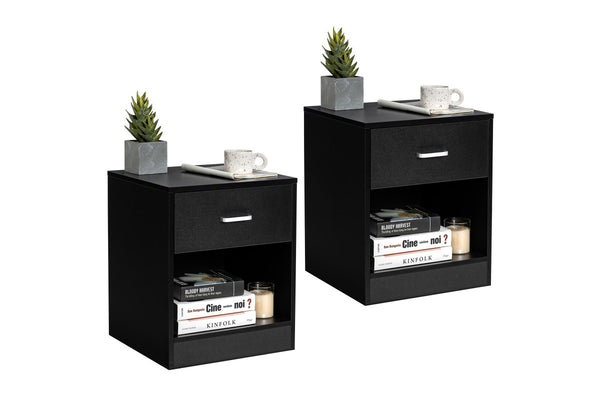 Giantex 2x Wood Nightstand Bedside Table Storage Cabinet w/Drawer & Open Shelf, Black