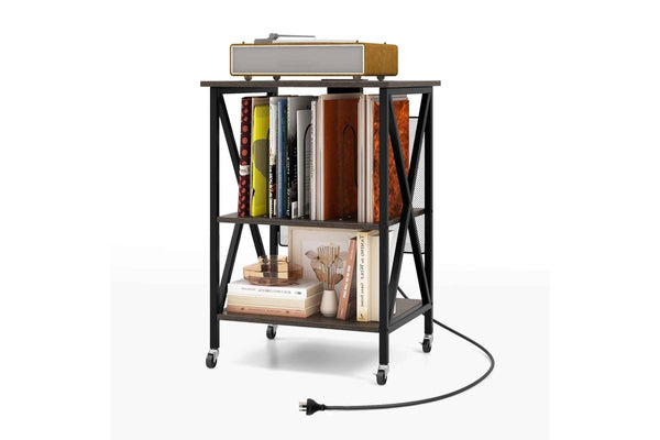 Giantex Record Player Stand Storage Rack w/Charging Station Bedside Table Grey