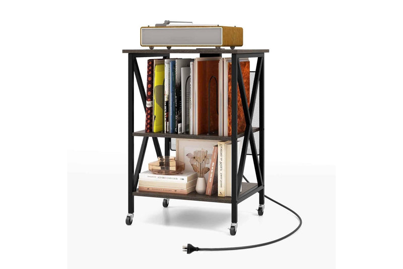 Giantex Record Player Stand Storage Rack w/Charging Station Bedside Table Grey