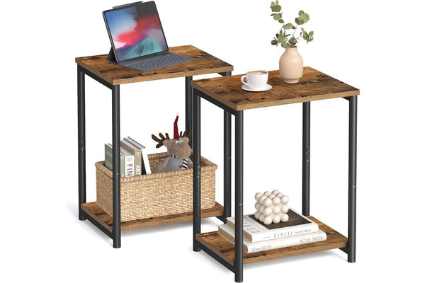 Side Table Set 2 Vintage Brown Storage Shelf