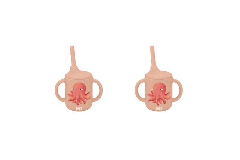 2x Sassi Silicone Sippy Cup Set Slurpy The Octopus Baby Childrens Cutlery 6m+