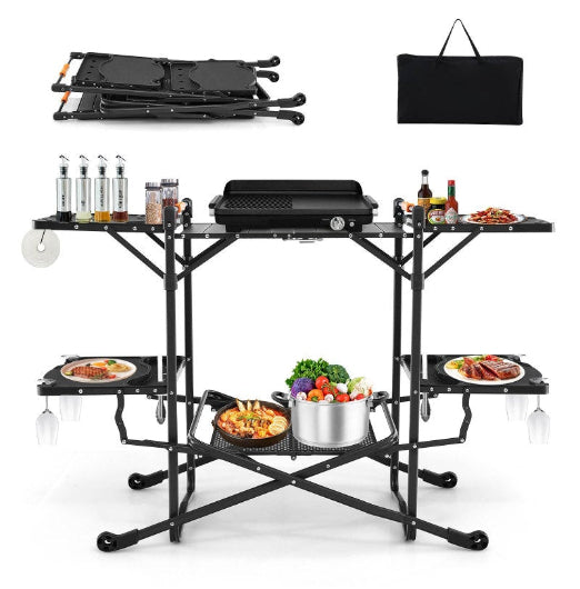 Costway Camping Kitchen Table Outdoor Cook Station Aluminum w/Heat-Resistant Tabletop, 4 Side Tables
