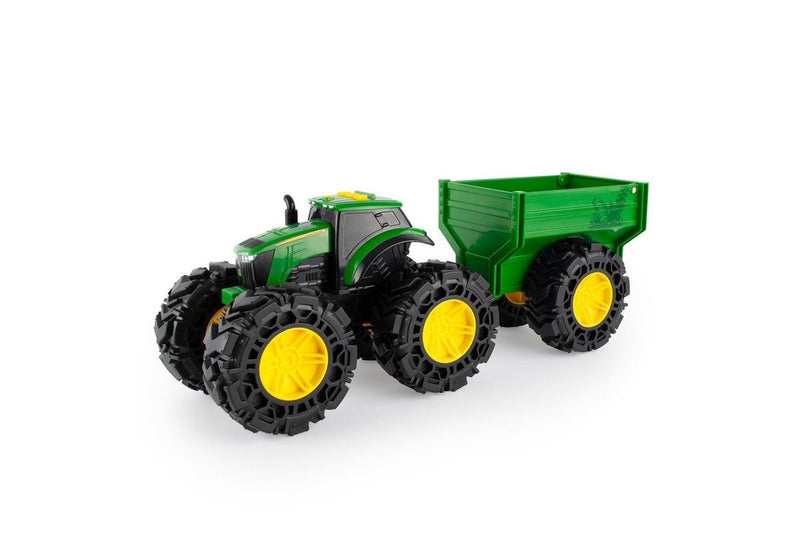 John Deere 38cm Monster Treads Tractor Kids Vehicle Toy w Wagon Light Sounds 3+