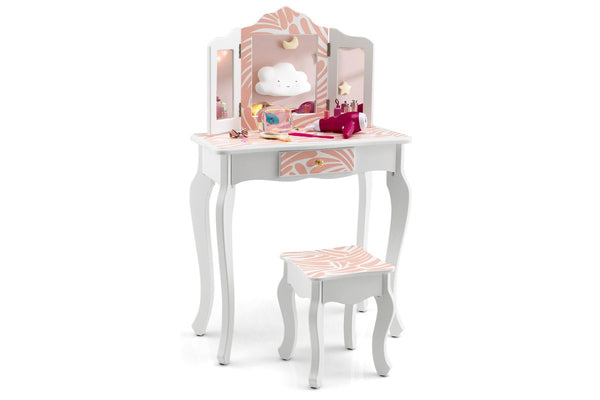 Giantex 2 in 1 Kids Vanity Table Set Toddler Pretend Play Makeup Dressing Table w/Mirror & Stool Writing Desk