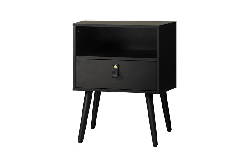 Oikiture Bedside Table Drawer Side Table w/ Leather Handle Black