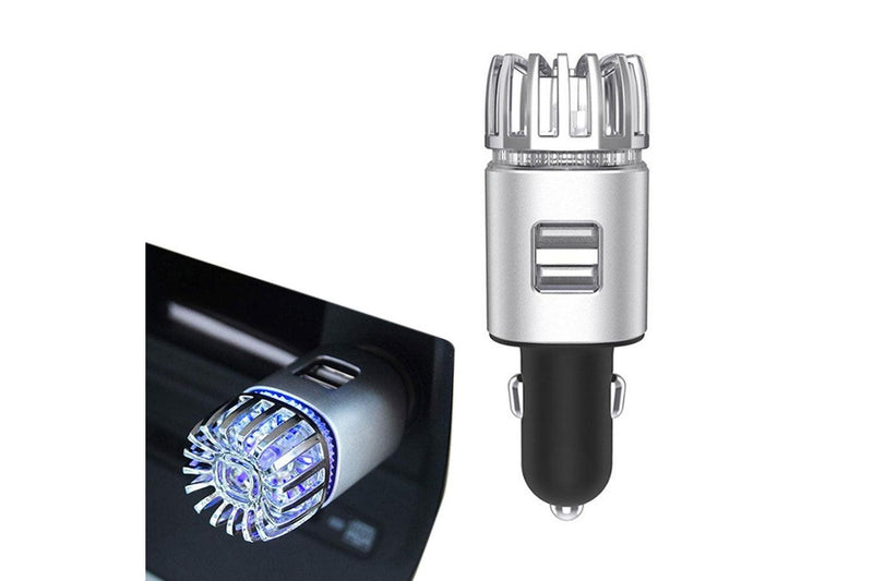 12V Car Air Purifier Car Air Freshener with Dual USB Charger Port Silver