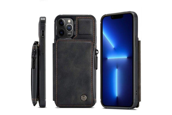 For Apple iPhone 13 Pro CaseMe Back Zipper Wallet Case W/ 3 Card Slots, RFID Blocking, 1 Money Pocket, Credit Card Holder Leather Cover (Black)