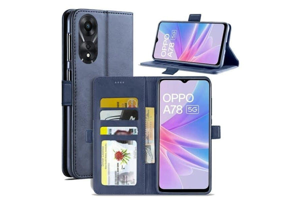 For Oppo A78 4G Case, SupRShield Wallet Leather Flip Magnetic Stand Case Cover (Navy Blue)