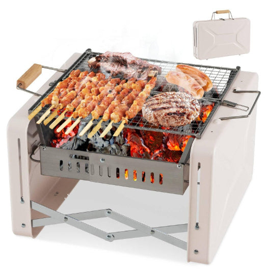 Costway Portable Charcoal Grill Folding BBQ Grill Outdoor Camping Grill w/Foldable Body & Charcoal Box Beige