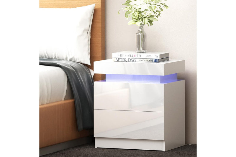 Artiss Bedside Table LED 2 Drawers Lift-up Storage - COLEY White