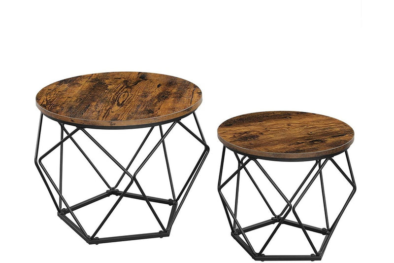 Set of 2 Side Tables Robust Steel Frame, Rustic Brown and Black