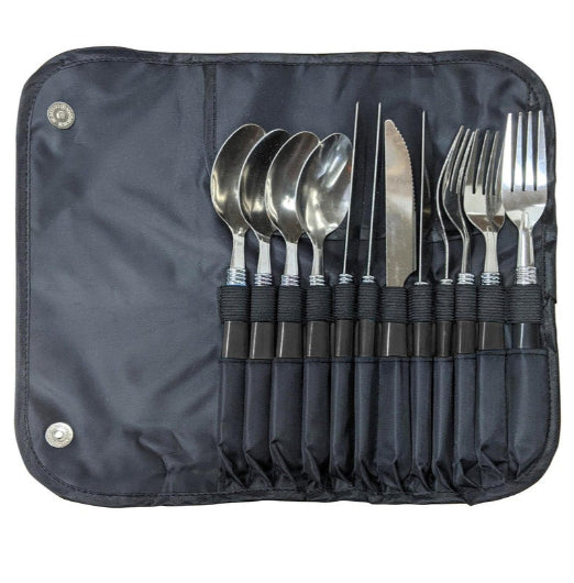 12pc Wildtrak Stainless Steel Outdoor Cutlery Set w Roll Up Travel Pouch Black