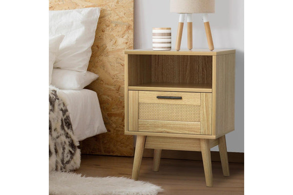 Artiss Rattan Bedside Table 1 Drawer with Shelf - REI Oak