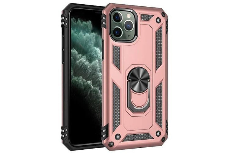 For Apple iPhone 11 Pro Max Case, Military Grade 360 Degree Rotating Metal Magnetic Ring Car Mount Holder Kickstand Shockproof Heavy Duty Cover (Rose Gold)