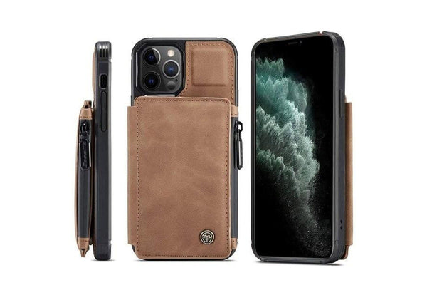 For Apple iPhone 11 pro CaseMe Back Zipper Wallet Case W/ 3 Card Slots, RFID Blocking, 1 Money Pocket, Credit Card Holder Leather Cover (Brown)