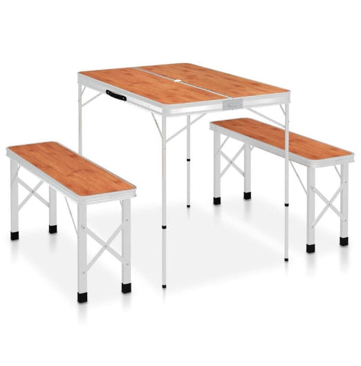 Folding Camping Table with 2 Benches Aluminium Brown vidaXL