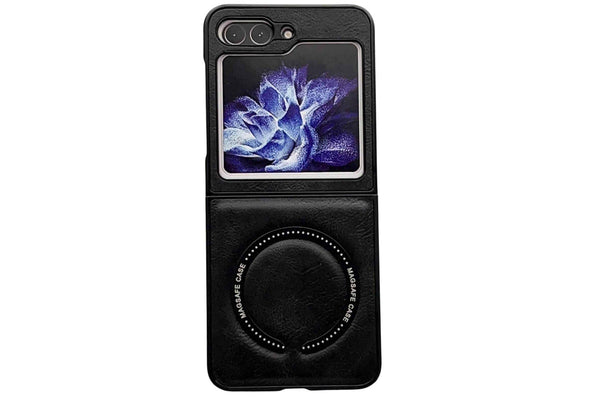 For Samsung Galaxy Z Flip5 Leather Pattern Magnetic MagSafe PU Back Phone Case Protective Cover (Black)