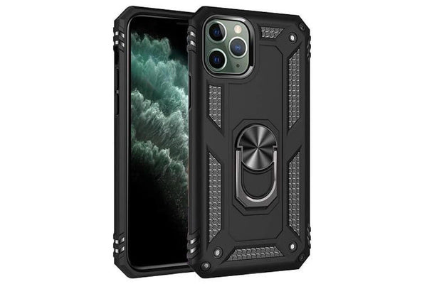 For Apple iPhone 11 Pro Max Case, Military Grade 360 Degree Rotating Metal Magnetic Ring Car Mount Holder Kickstand Shockproof Heavy Duty Cover (Black)