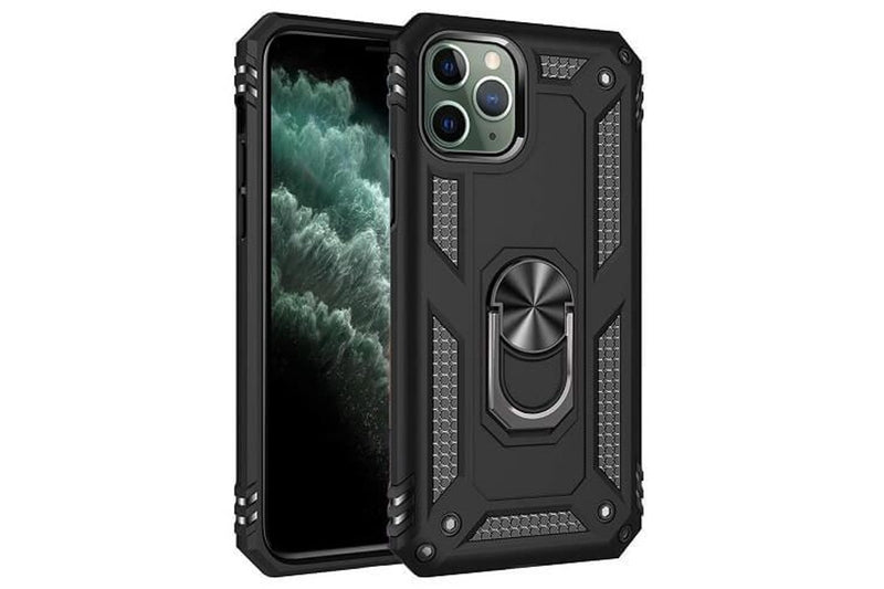 For Apple iPhone 11 Pro Max Case, Military Grade 360 Degree Rotating Metal Magnetic Ring Car Mount Holder Kickstand Shockproof Heavy Duty Cover (Black)