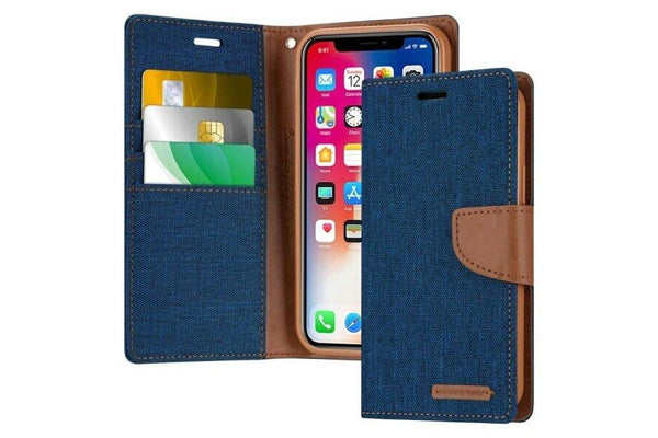 Goospery Canvas Apple iPhone X/XS Wallet Leather Case Denim Stand Flip Fabric Pouch Credit Card Slots Cover - Navy Blue