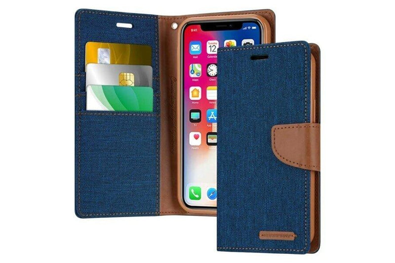 Goospery Canvas Apple iPhone X/XS Wallet Leather Case Denim Stand Flip Fabric Pouch Credit Card Slots Cover - Navy Blue
