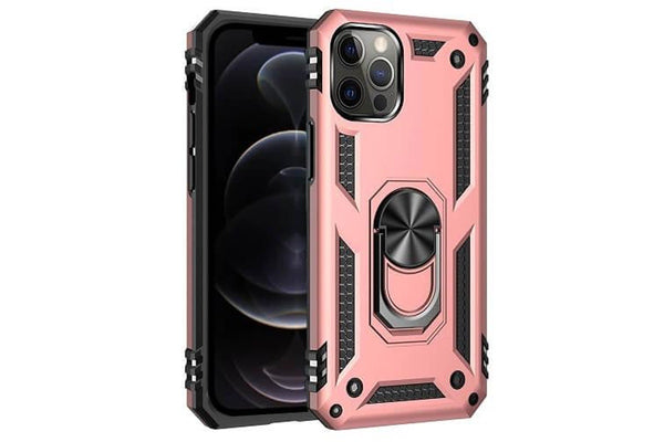 For Apple iPhone 12 Pro Case, Military Grade 360 Degree Rotating Metal Magnetic Ring Car Mount Holder Kickstand Shockproof Heavy Duty Cover (Rose Gold)