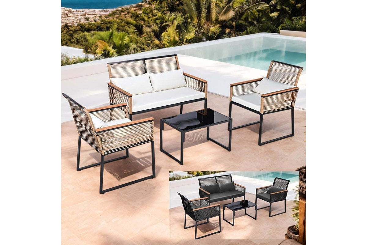 Groverdi 2ps Rattan Outdoor Dining Chairs w/Cushion Armrests Steel Frame, Wood