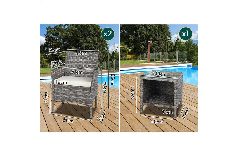 ALFORDSON Outdoor Furniture 3PCS Wicker Bistro Set Patio Chairs Table Grey