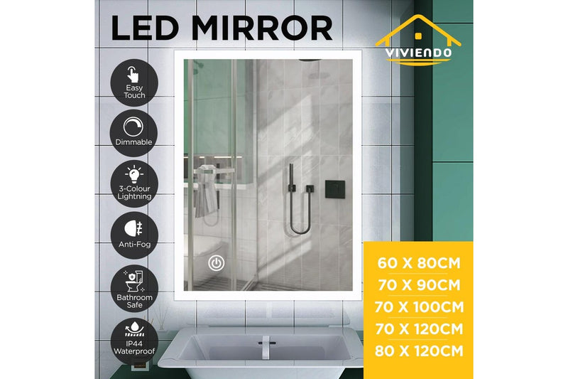 Viviendo LED Bathroom Rectangular Vanity Mirror Light Dimmable Anti-Fog Wall Mounted Touch switch Mirror Light - 60 x 80cm