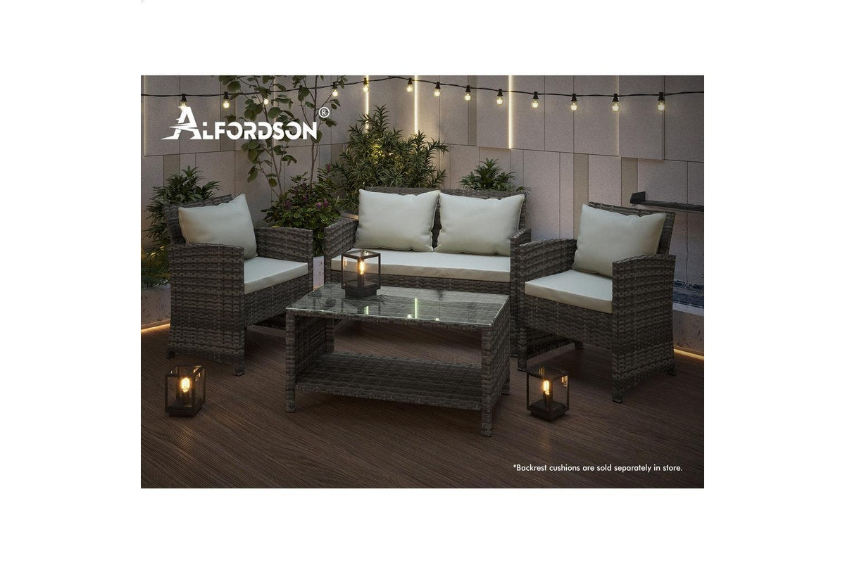 ALFORDSON Outdoor Furniture 4PCS Garden Patio Chairs Table Set Wicker Grey