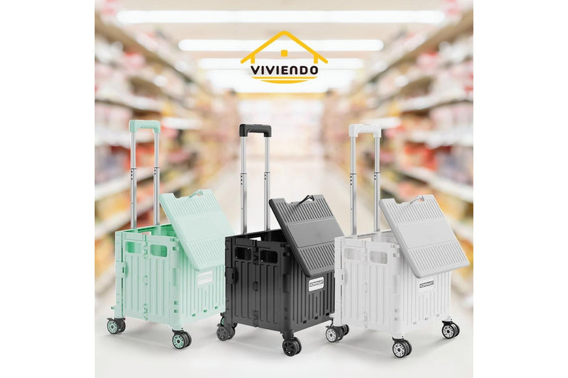 Viviendo Folding Shopping Trolley Portable Grocery Cart Rolling Wheel with Sliding Cover - White