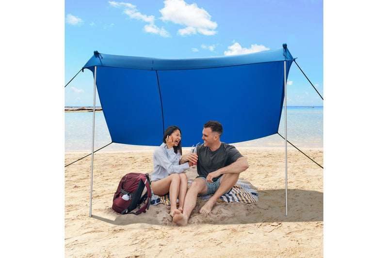 Costway Beach Sunshade Canopy UPF50+ Family Shelter Shade 3-4 Adults w/4 Poles Sandbags Peg Stakes Blue