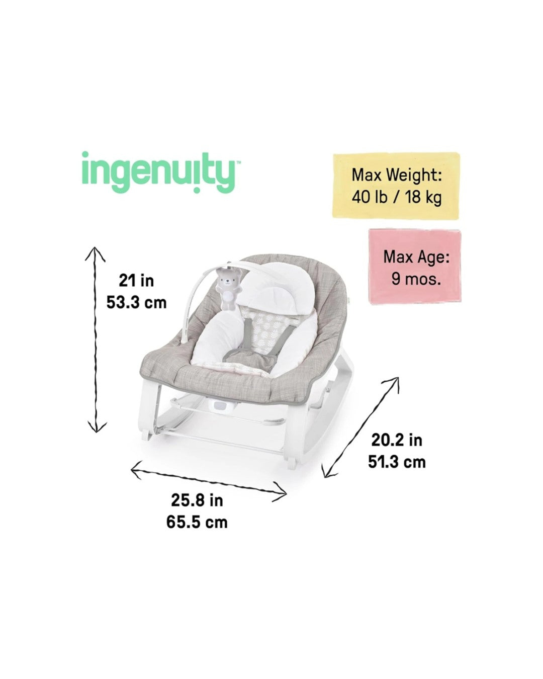 INGENUITY Keep Cozy 3-In-1 Grow With Me Baby Bounce Rock Seat 3-18kg - Beige