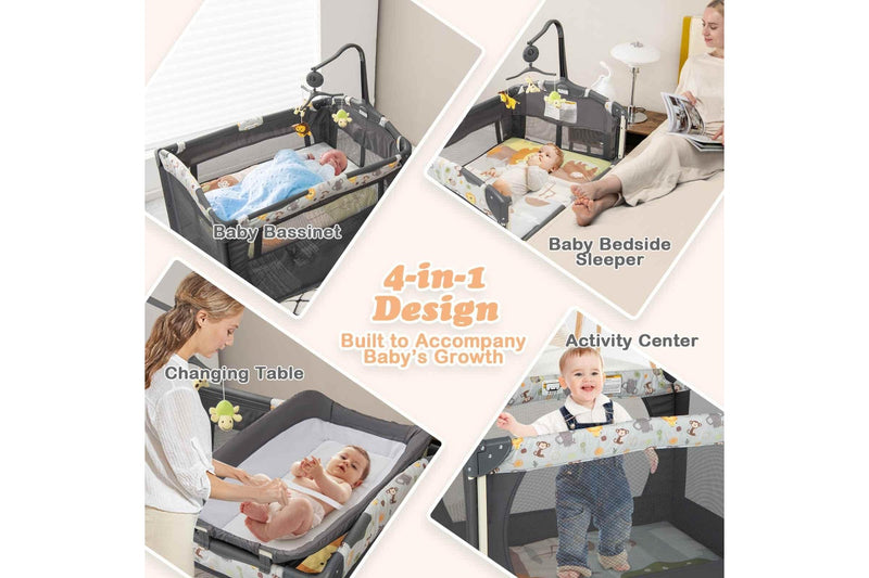 Costway 4-IN-1 Portable Travel Cot Portacot kid Co Sleeper Bedside Bassinet Playpen Cradle Adjustable Height w/Mattress &Toy Rack