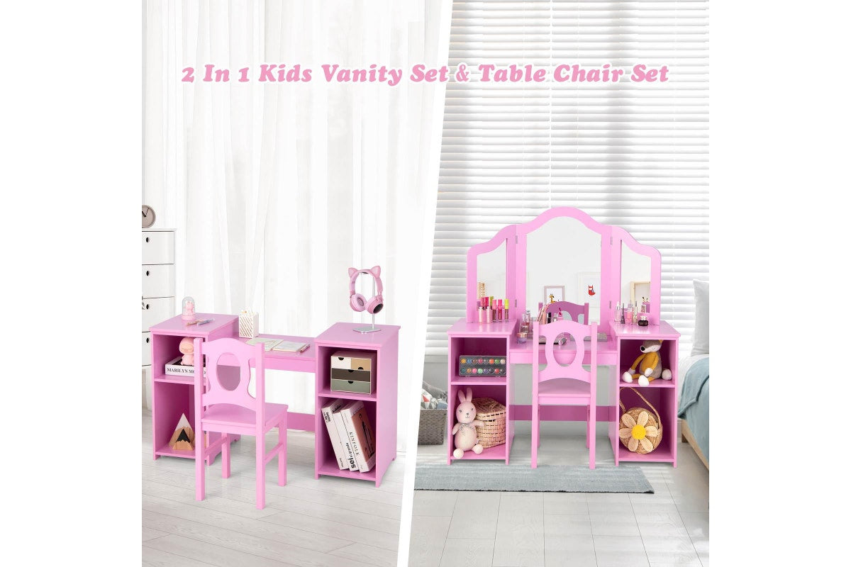 Giantex 2-in-1 Kids Vanity Table and Chair Set Makeup Dressing Table w/Mirror Children Study Writing Desk Pink